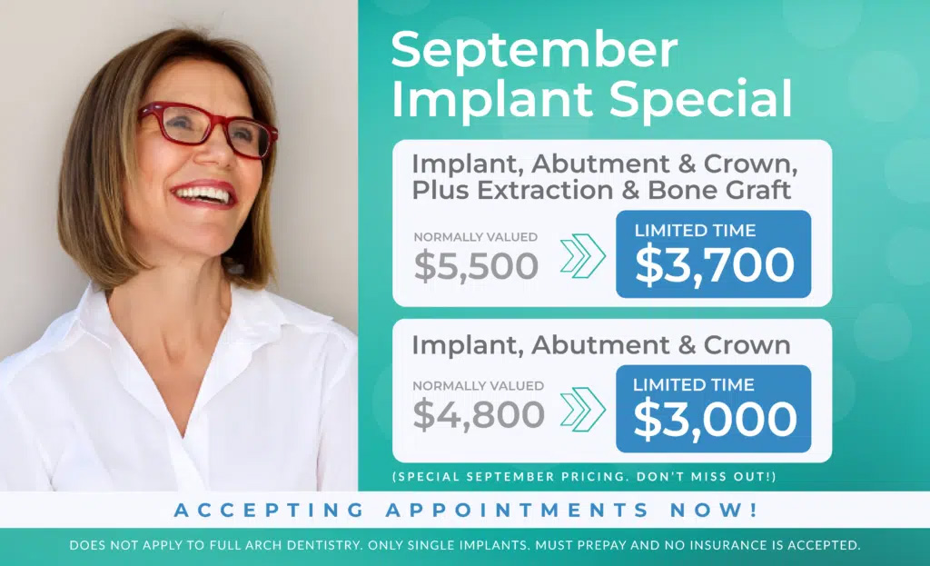 The image appears to be an advertisement for dental implant specials, featuring a woman with a smiling expression.